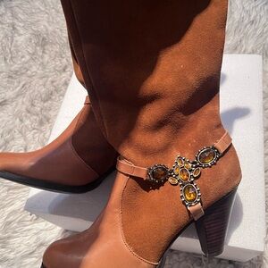 Suede and Leather Rust Western-Style Women's Mid-Calf Boots with Gem Detail